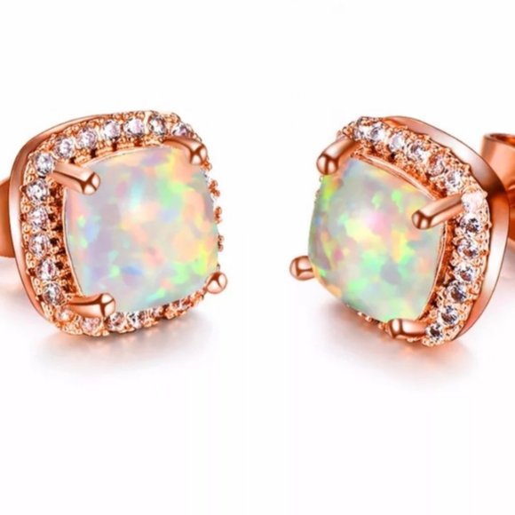 18K Rose Gold White Opal Diamond Halo Earrings - Picture 7 of 7